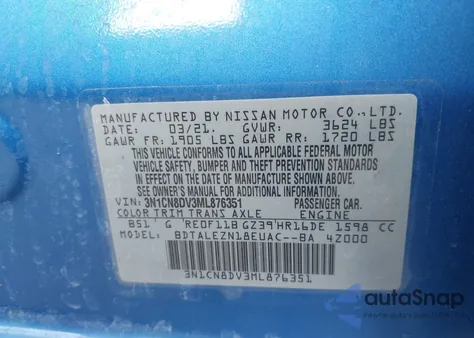 2021 Nissan Versa S Xtronic Cvt z USA, uszkodzony, nr VIN 3N1CN8DV3ML876351